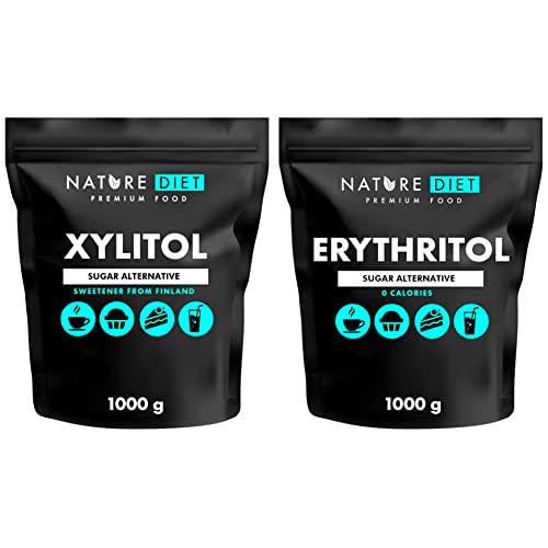Nature Diet - Azúcar xilitol 3kg | Xilitol de Finlandia 3x1000g | Azúcar de abedul 100% &amp; Eritritol 2 x 1000 g | Edulcorante natural | Cero calorías | Reemplazo de azúcar | Sustituto de azúcar
