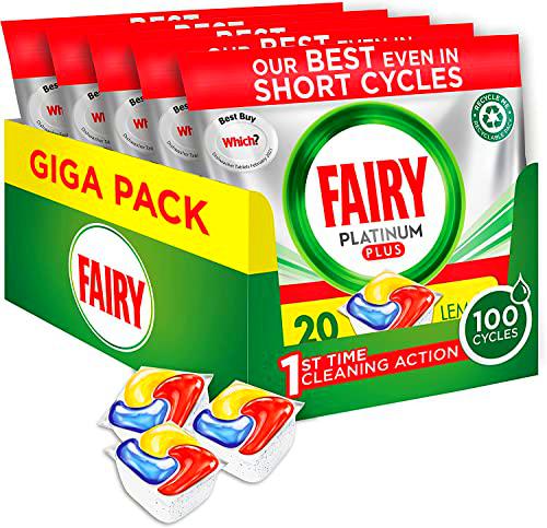 Fairy Platinum Plus Pastillas Lavavajillas, 100 cápsulas (5 x 20), Limón