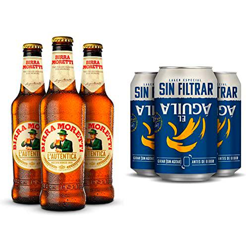 Birra Moretti Cerveza Lager Italia Pack Botella, 24 x 33cl &amp; El Aguila Sin Filtrar Cerveza Lager Especial Pack Lata, 24 x 33cl