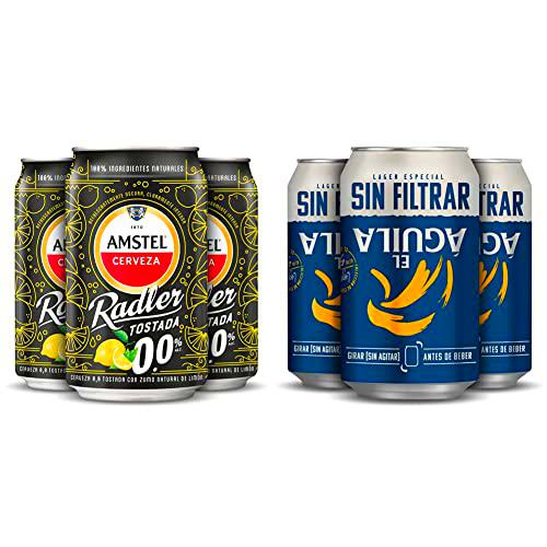 Amstel Radler 0,0 Cerveza Tostada Limon Sin Alcohol Pack lata 24 x 33cl &amp; El Aguila Sin Filtrar Cerveza Lager Especial Pack Lata, 24 x 33cl