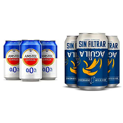 Amstel 00 Cerveza Lager Sin Alcohol Pack Latas, 24 x 33cl &amp; El Aguila Sin Filtrar Cerveza Lager Especial Pack Lata, 24 x 33cl