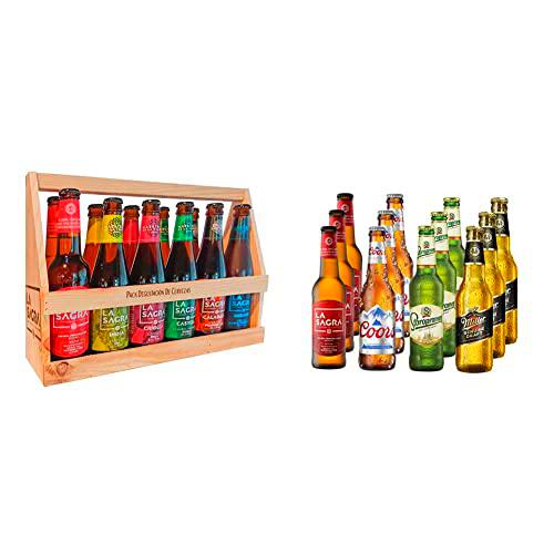 La Sagra cesta de madera de cervezas artesanas. 12 botellas de 330 ml &amp; Lagers del Mundo Pack Degustación de Cerveza
