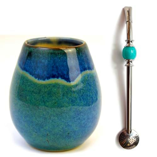 Yerba Juego de té mate | cerámica mate taza de té hecha a mano ~ 300 ml | único matero | apto para lavavajillas | pajita de acero inoxidable bombilla bola negra para té mate de 21 cm | Set para té
