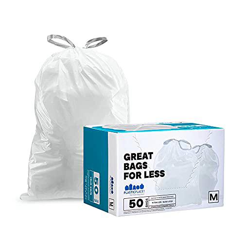 Plasticplace Code M Compatible (50 unidades) │ Forro de basura con cordón blanco de 12 galones/45 litros │ 21.5 x 30.7 pulgadas