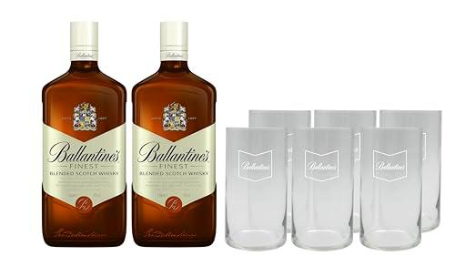 Ballantine's Finest Whisky Escocés, Pack de 2 Botellas y 6 Vasos de Regalo, 1 L