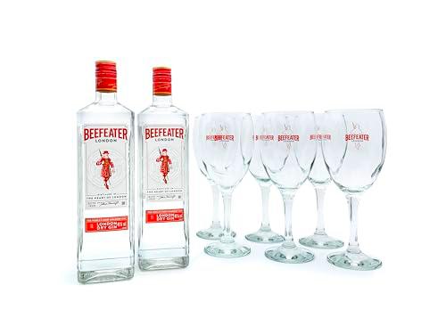 Beefeater London Dry Gin, Pack de 2 Botellas y 6 Copas de Regalo, 1 L