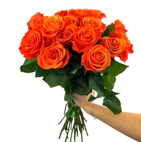 DECOALIVE | Ramo de Rosas Naranja Frescas l | Bouquet 25 Flores | Rosas Color Naranja Naturales y Frescas