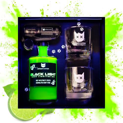 BÖSER KATER Black Light Neon Limetten Gin 40% Vol. 0,5l in Giftbox with UV-Taschenlampe &amp; glasses