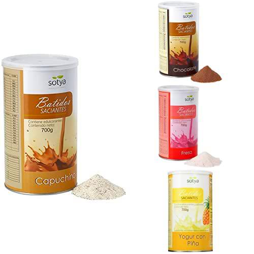Sotya Saciantes Pack de 4. Batido Sabor Capuchino + Batido Sabor Chocolate + Batido Sabor Fresa + Batido Sabor Yogur y Piña. (4x700g)